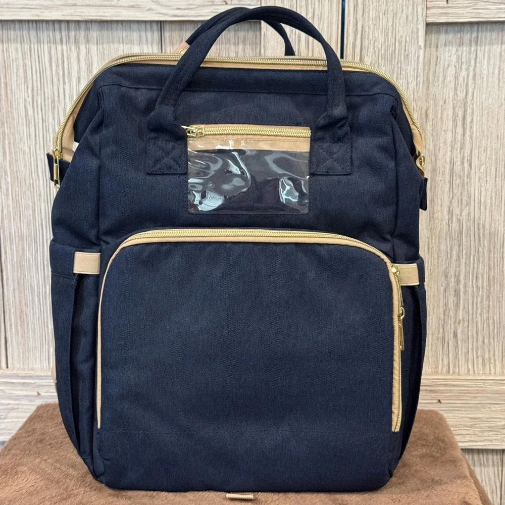 Convertible Diaper Bag Backpack Navy and Tan.